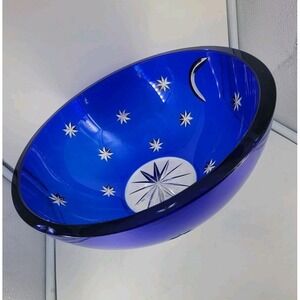 Faberge Galaxie Crystal Bowl Cobalt Blue Stars & Moon 9.45"w Signed Cut To Clear